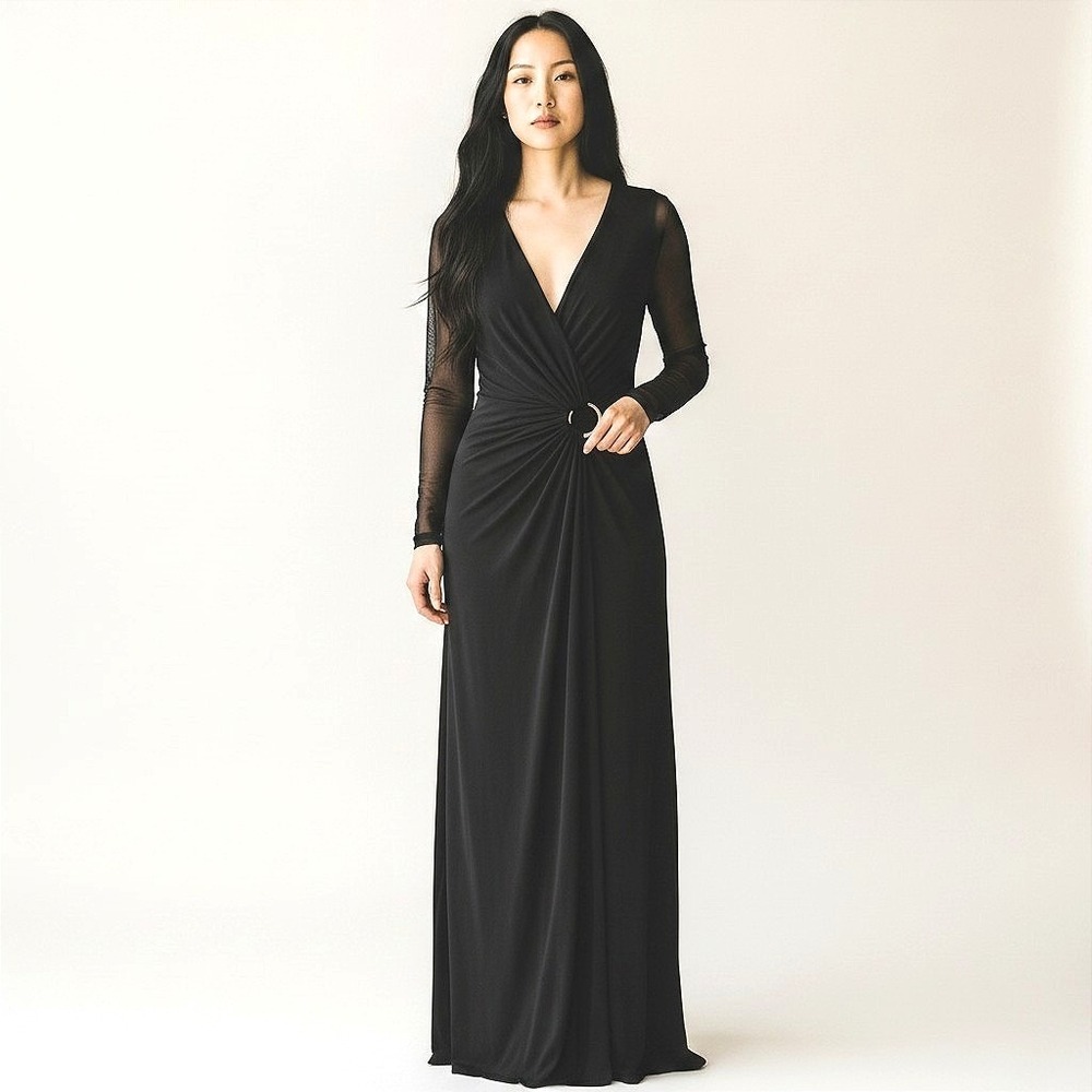 Halston Heritage Black Wrap Maxi Dress Sheer Mesh Long Sleeve Ring Detail Size S